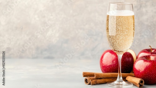 Glass of sparkling cider with bubbles rising, surrounded by apples and cinnamon sticks