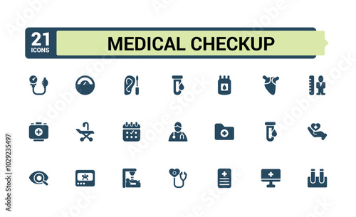 Set of solid icon like Health checkup. Related to Health care, Symptoms, Medicine and more filled icon collection. Editable and Pixel perfect flat icon pack. Vector illustration.