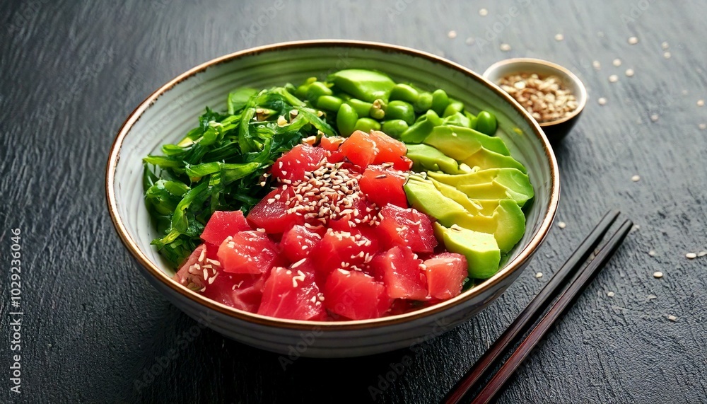 Vibrant poke bowl with fresh tuna, seaweed, avocado, edamame, and sesame seeds, arranged Vibrant poke bowl with fresh tuna, seaweed, avocado, edamame, and sesame seeds, arranged