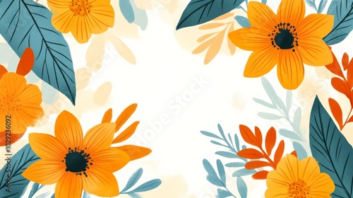 Vibrant orange floral background with lush green leaves perfect for natureinspired designs and wallpapers