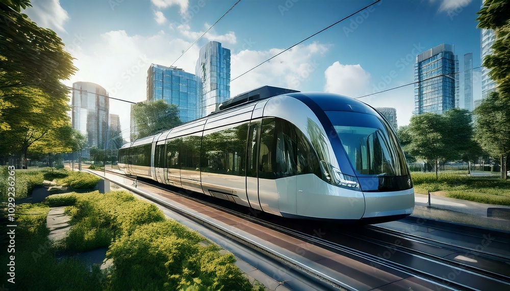 Modern city tram traveling through a clean, futuristic urban environment Modern city tram traveling through a clean, futuristic urban environment