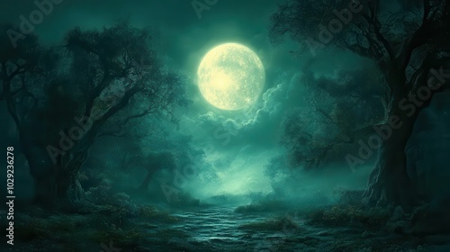 bright moon illuminating a dark enchanting fairy tale forest casting a magical glow over twisted trees and ethereal surroundings creating a whimsical atmosphere filled with wonder