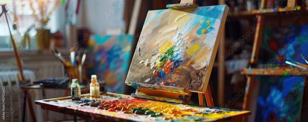 Painting on the easel, 4K hyperrealistic photo Painting on the easel, 4K hyperrealistic photo