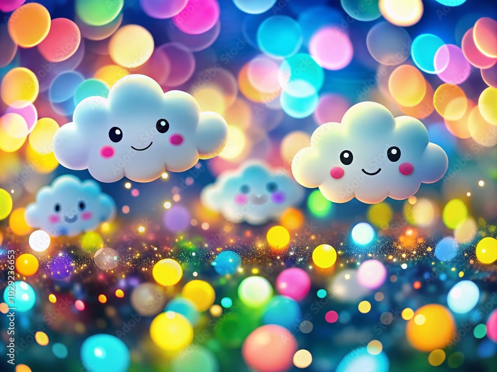 Cartoon Clouds with Emotions in Bokeh Effect for Whimsical Scenes and Illustrations Cartoon Clouds with Emotions in Bokeh Effect for Whimsical Scenes and Illustrations