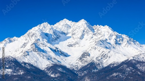 Majestic snow-capped mountain under clear blue skies