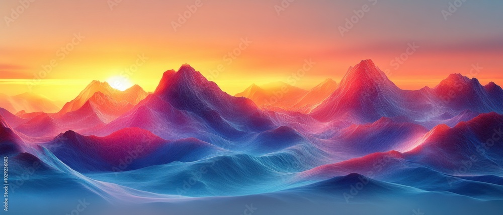 Geometric landscape with sharp peaks and valleys illuminated by a vibrant sunset, showcasing low-poly design and vivid colors. Geometric landscape with sharp peaks and valleys illuminated by a vibrant sunset, showcasing low-poly design and vivid colors.
