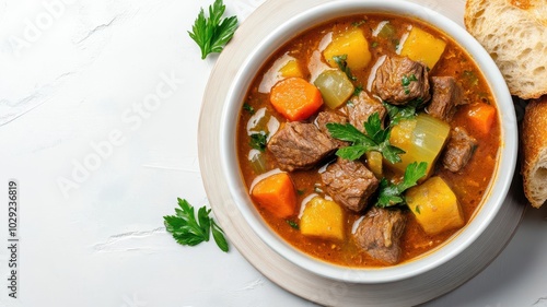 Top view of a hearty bowl of beef stew with vegetables, served with crusty bread photo