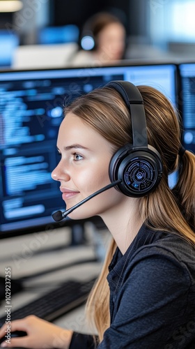 A woman wearing headphones is intently focused on three monitors displaying AI designs and code, illuminated by ambient lighting in a contemporary workspace photo