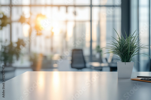 Blurred background of a modern office interior with panoramic windows and a desk in the foreground. Copy space. High-quality, high-resolution photo,.