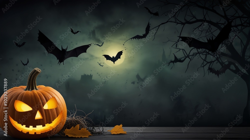 Spooky Halloween background with jack-o'-lantern and bats. Spooky Halloween background with jack-o'-lantern and bats.