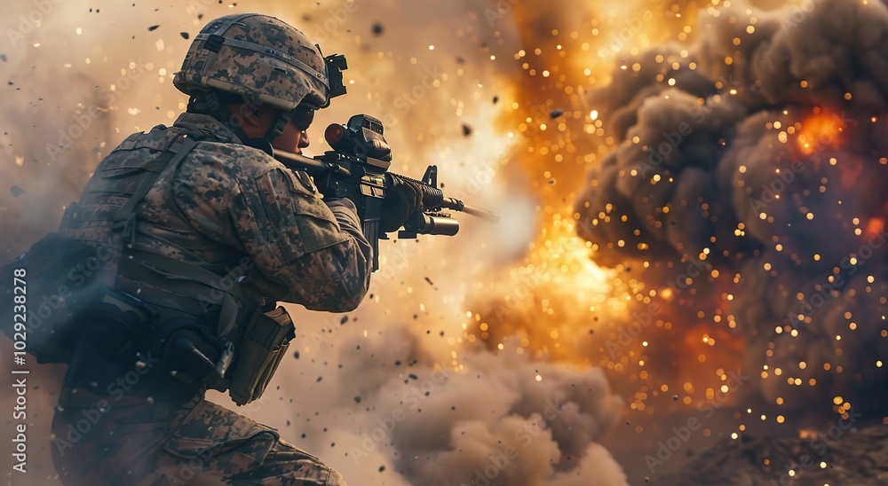 Soldier in camouflage uniform firing rifle amidst a dramatic explosion Soldier in camouflage uniform firing rifle amidst a dramatic explosion