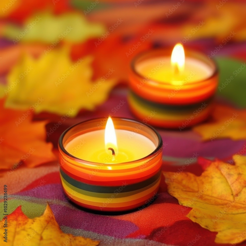 Cozy Autumn Scene with Warm Candles and Leaves Cozy Autumn Scene with Warm Candles and Leaves