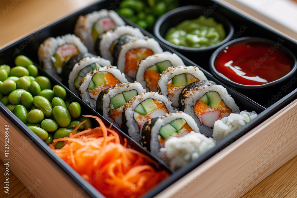 Bento-style lunchbox with sushi rolls, edamame, and dipping sauces, artistically arranged. Bento-style lunchbox with sushi rolls, edamame, and dipping sauces, artistically arranged.