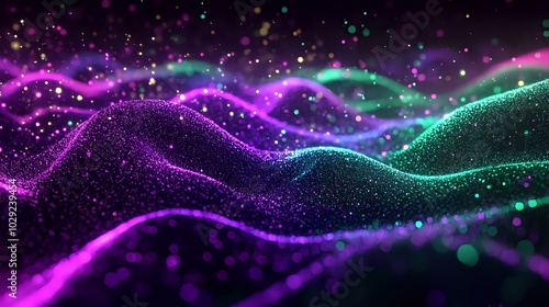 Abstract digital wallpaper with holographic waves of particles glowing in neon purple and green, creating a futuristic tech-inspired vibe