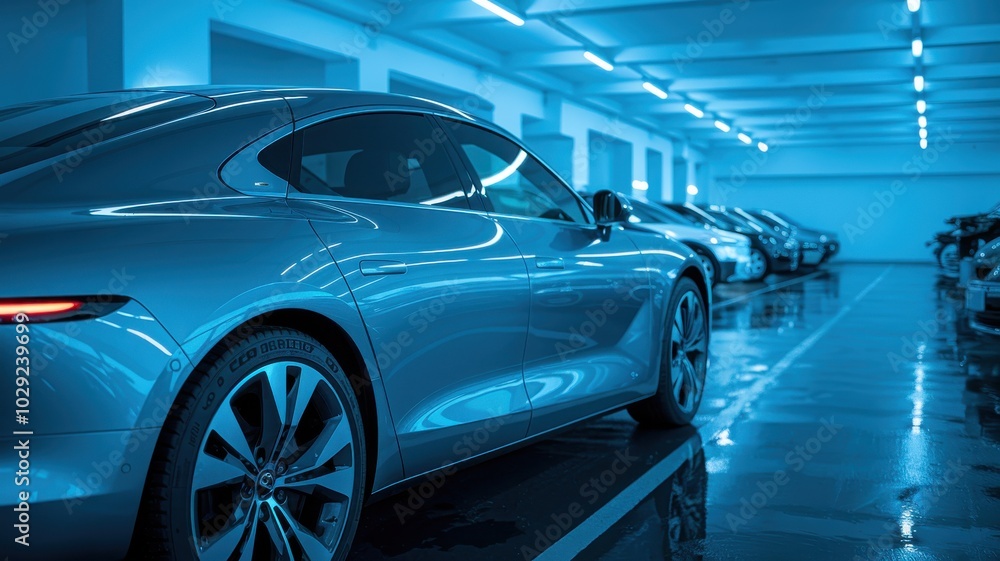 Sleek silver car parked in a modern, illuminated garage setting. Sleek silver car parked in a modern, illuminated garage setting.