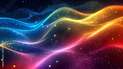 Abstract gradient holographic waves flowing in sync with vibrant neon particles, creating a dynamic tech-inspired wallpaper with glowing colors