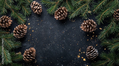 Gift box with spruce branches and cones on a black background. Top view, banner, space for text