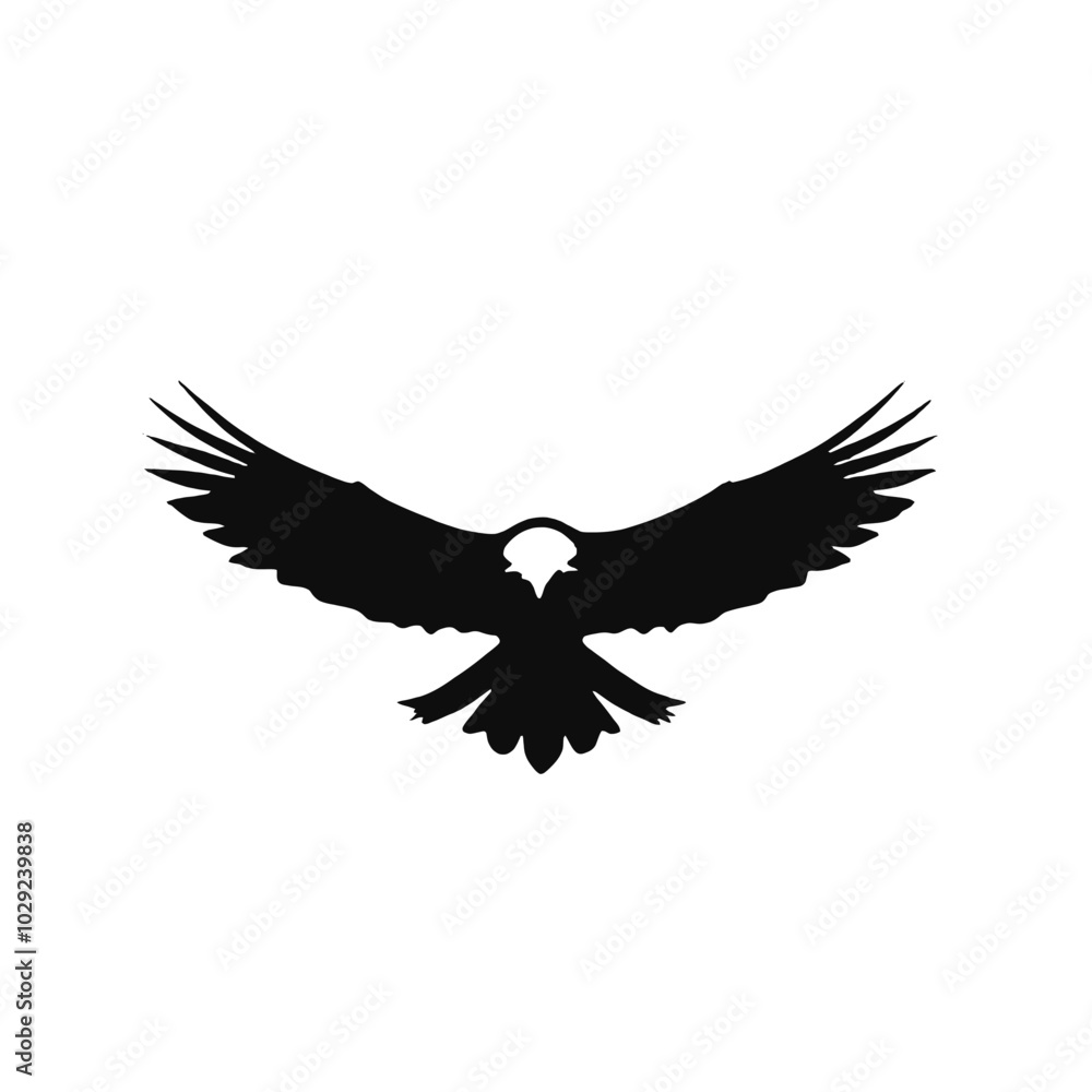 A black silhouette of a large eagle with outstretched wings against a white background A black silhouette of a large eagle with outstretched wings against a white background