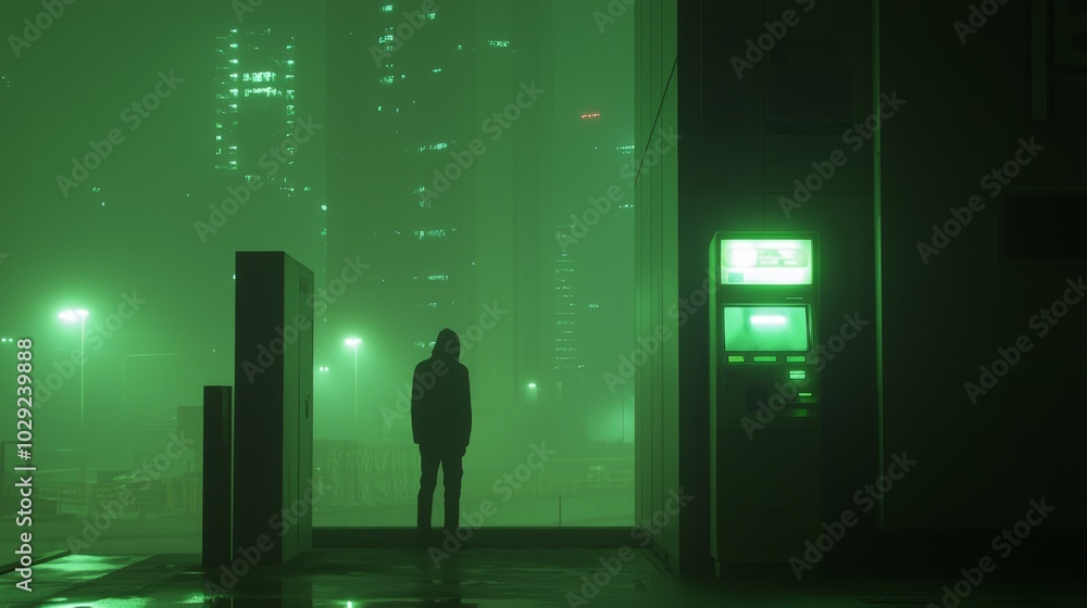 Enigmatic Shadows: Nighttime Cityscape with Silhouetted Figure at ATM Amidst Financial Transactions Risks. Ultra-Detailed, Cinematic Light. Enigmatic Shadows: Nighttime Cityscape with Silhouetted Figure at ATM Amidst Financial Transactions Risks. Ultra-Detailed, Cinematic Light.