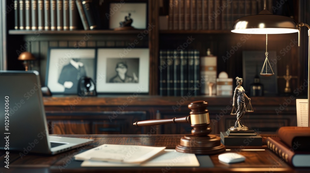A Gavel, Lady Justice Statue, and Laptop on a Lawyer's Desk A Gavel, Lady Justice Statue, and Laptop on a Lawyer's Desk