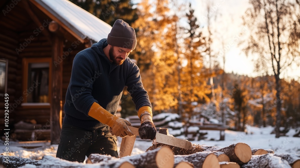 Man chopping wood in a snowy forest clearing during autumn for winter firewood preparation Man chopping wood in a snowy forest clearing during autumn for winter firewood preparation
