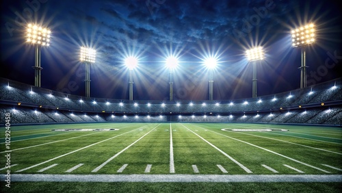 Football field illuminated by stadium lights