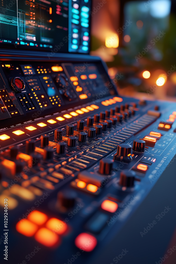 Professional sound mixer, Audio console in a music recording studio Professional sound mixer, Audio console in a music recording studio