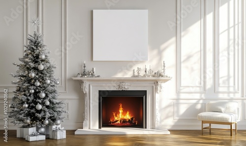 A white fireplace with a white mantle and a white wall behind it photo