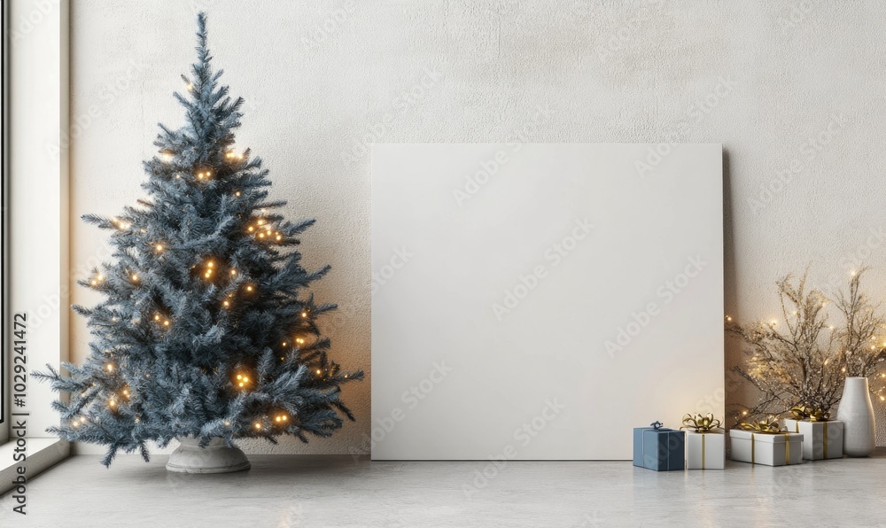 A Christmas tree is lit up and sits in front of a white wall A Christmas tree is lit up and sits in front of a white wall