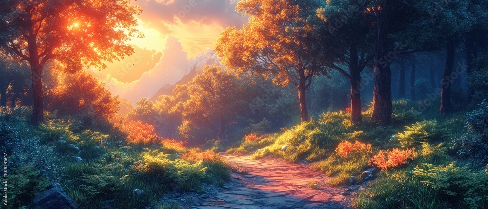 Geometric Forest Path, a serene low-poly landscape featuring a minimal path surrounded by stylized trees in a tranquil setting. Geometric Forest Path, a serene low-poly landscape featuring a minimal path surrounded by stylized trees in a tranquil setting.
