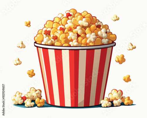 Overflowing popcorn bucket jumping out on white background