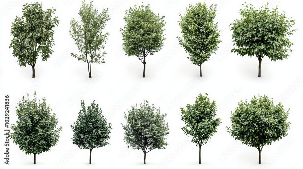 Fototapeta premium Diverse tree styles, natureinspired illustrations for design and art botanical graphics, vector silhouettes, watercolor textures