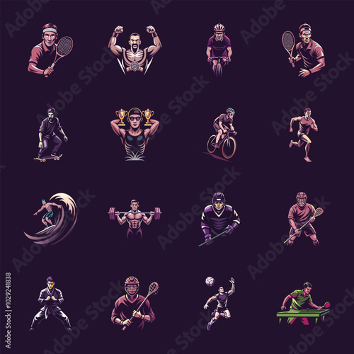 Collection of Sportsman Flat Style Illustrations 

