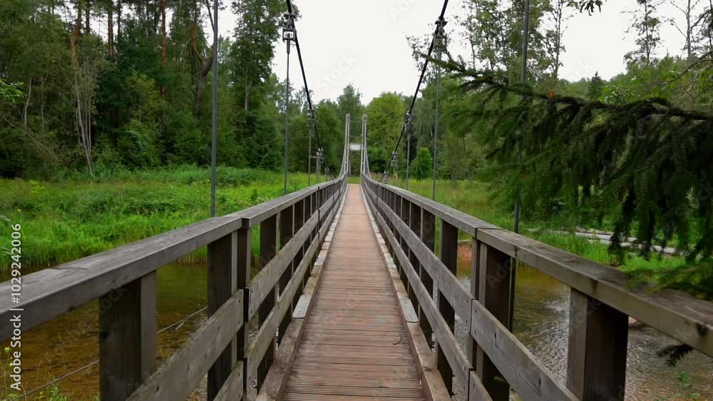 Slow motion walk on a wooden suspension bridge in the peaceful forest, moving forward above a calm river with greenery all around, capturing the serenity of nature and the quiet beauty of the outdoors Slow motion walk on a wooden suspension bridge in the peaceful forest, moving forward above a calm river with greenery all around, capturing the serenity of nature and the quiet beauty of the outdoors