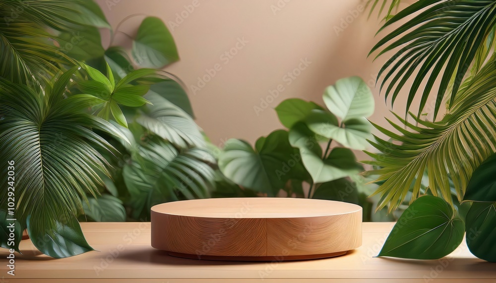 Empty round wooden podium surrounded by lush green plants Empty round wooden podium surrounded by lush green plants