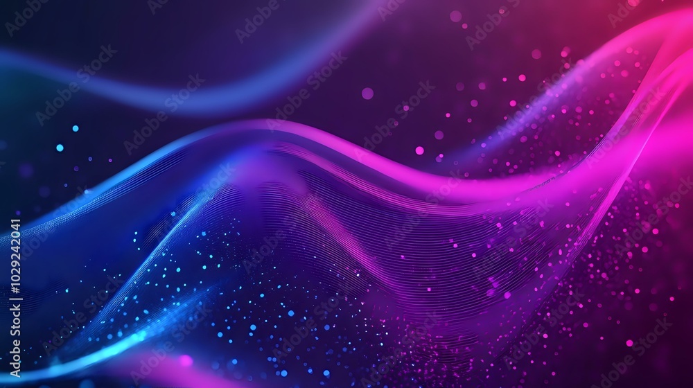 Futuristic digital wallpaper with vibrant waves of particles flowing across a holographic gradient background in neon purple and blue tones Futuristic digital wallpaper with vibrant waves of particles flowing across a holographic gradient background in neon purple and blue tones