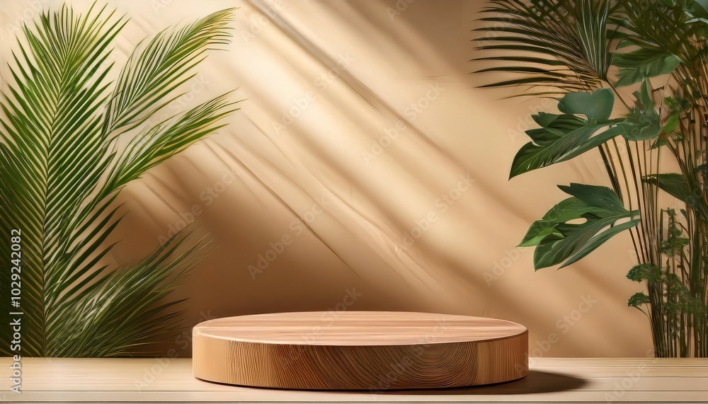 Empty wooden podium displaying products with tropical plants Empty wooden podium displaying products with tropical plants