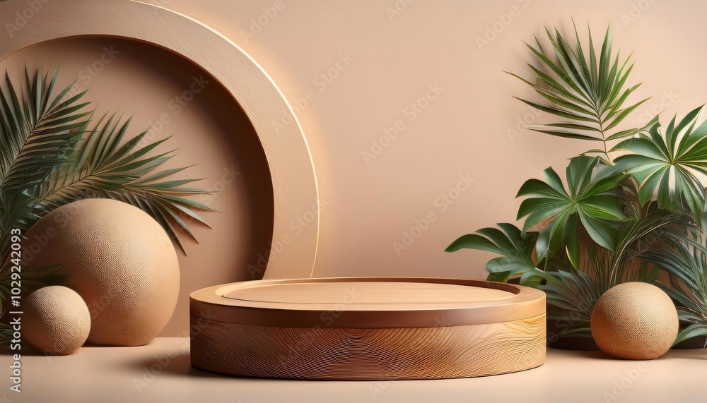 Round wooden podium displaying with plants and spheres Round wooden podium displaying with plants and spheres
