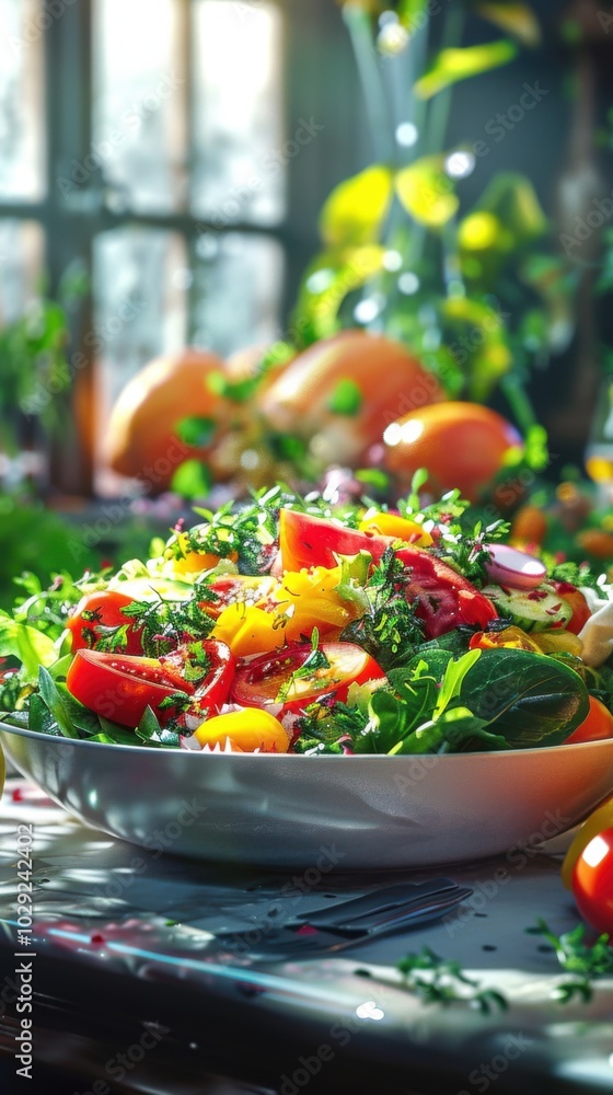 Fresh salad with a variety of colorful vegetables, 4K hyperrealistic photo Fresh salad with a variety of colorful vegetables, 4K hyperrealistic photo