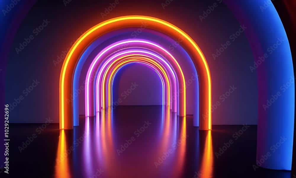 3D render of neon-glowing motion arches on a dark background, illustration, colorful 3D render of neon-glowing motion arches on a dark background, illustration, colorful