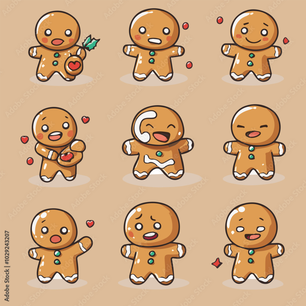 Vector sticker set of funny gingerbread man cookie in christmas Vector sticker set of funny gingerbread man cookie in christmas