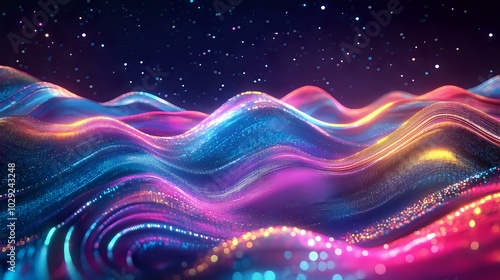 Holographic gradient wave of particles with neon lights and futuristic lines, digital tech background in a cosmic space setting, glowing in vibrant colors