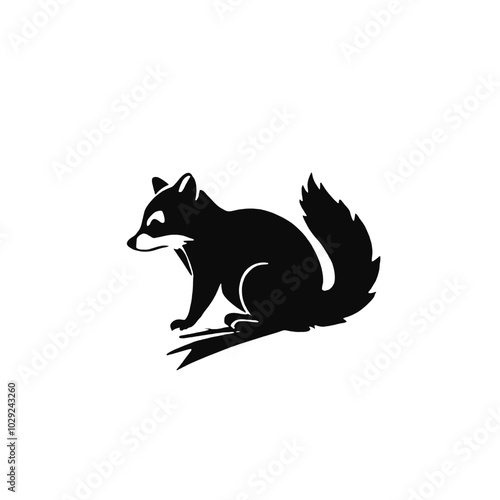 A black silhouette of a raccoon with a bushy tail 