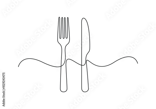 Continuous one line drawing of knife and fork vector illustration