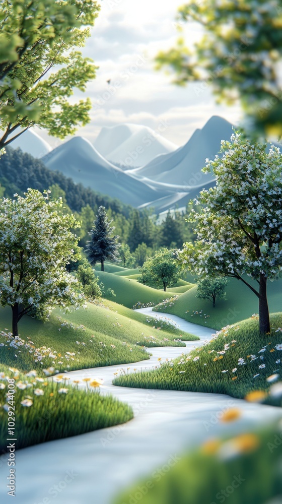 Obraz premium Geometric Serenity, a minimal low-poly landscape featuring stylized trees and rolling hills, evoking tranquility and modern simplicity