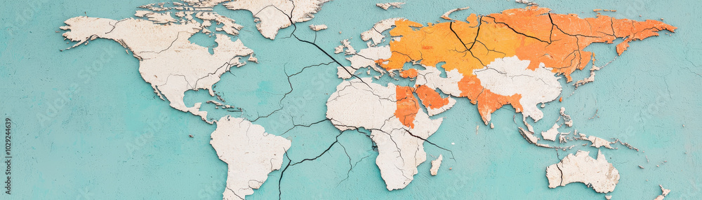 world map with cracks forming between countries, showcasing unique artistic representation of global geography. orange and white colors highlight different regions, evoking sense of change and world map with cracks forming between countries, showcasing unique artistic representation of global geography. orange and white colors highlight different regions, evoking sense of change and
