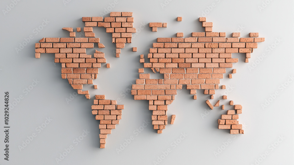 Obraz premium world map created from brick walls, symbolizing division and barriers. unique design showcases continents formed by individual bricks, evoking sense of separation and structure