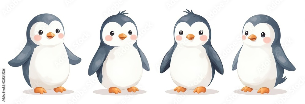 Naklejka premium Penguin cartoon character watercolor element set on transparent background