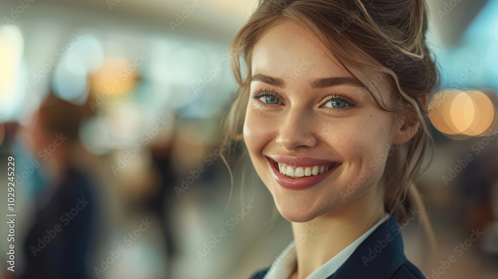 Detailed flight attendant greeting passengers with a warm smile on an international flight ultra-clear image Detailed flight attendant greeting passengers with a warm smile on an international flight ultra-clear image