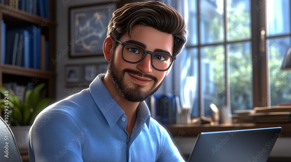 Obraz premium Focused man with glasses and beard working on laptop business, technology, and work from home concept